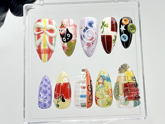 Jiji Cat & Colorful Abstract Press On Nails | Unique Cartoon Fake Nails | Whimsical Art Nail Art | Mixed Media Press Ons | Summer | HB880YC