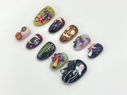 Fantasy Forest Halloween Nails | Pumpkin & Black Cat Press Ons | 3D Mushroom Nail Art | Magical Spooky Handmade Nails | JC1146BC