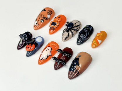 Haunted Night Press On Nails | Halloween Ghost Bat & Spider Nails | Pumpkin Candy Corn Nail Art | Handmade Stiletto Nails | JB176H