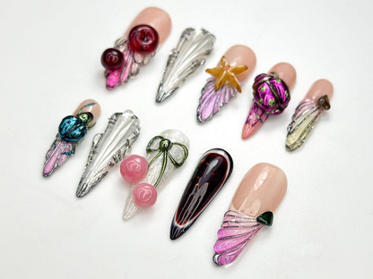 3D Cherry Bomb Press On Nails | Cherry & Star Accent Nails | Mixed Metal Gothic Nail Art | Handmade Y2K Press Ons | JB952H