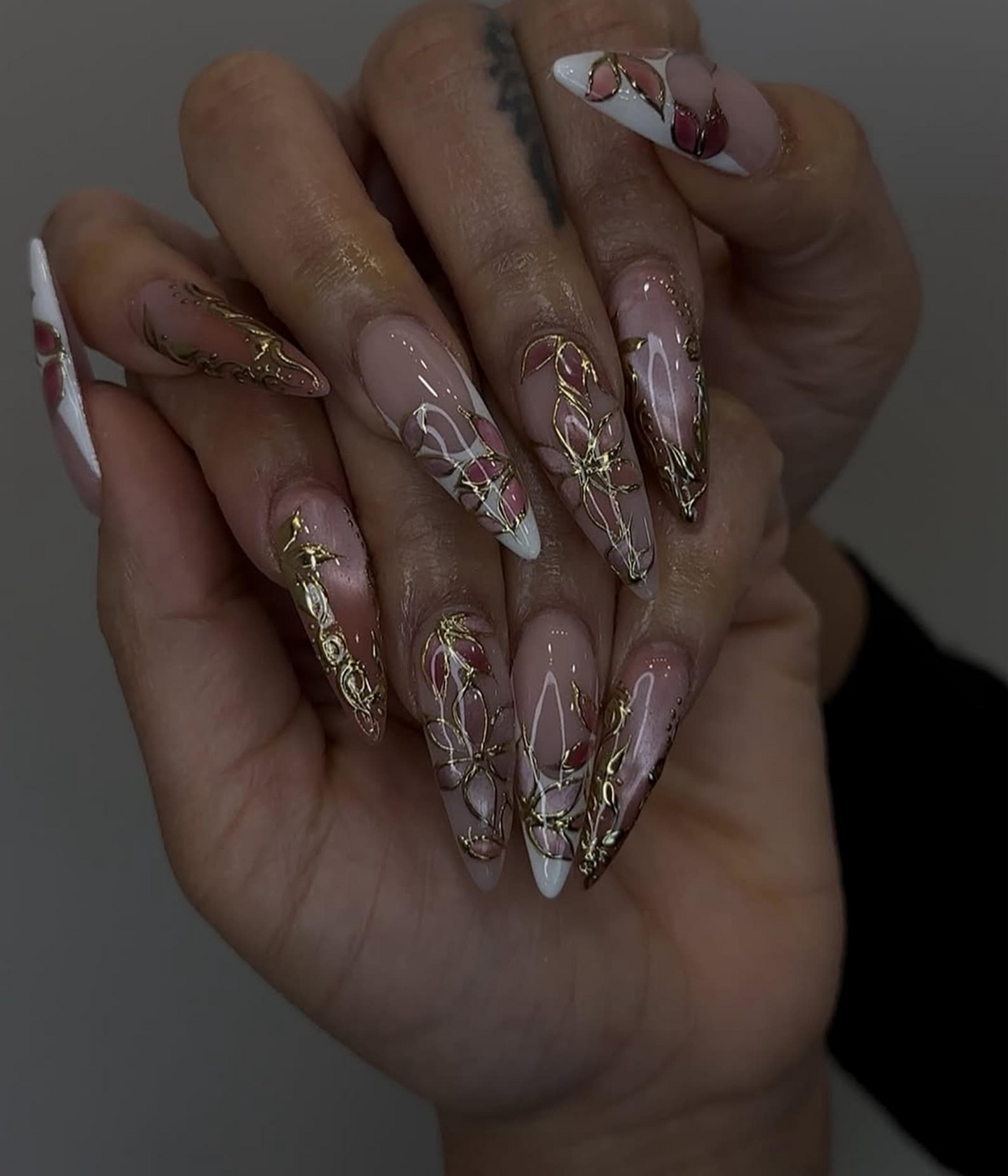 Elegant Pink Press On Nails | Blush Floral Nail Art | 3D Gold Vine Nails | Romantic Wedding Nails | Handmade Luxury Press Ons| JC842H