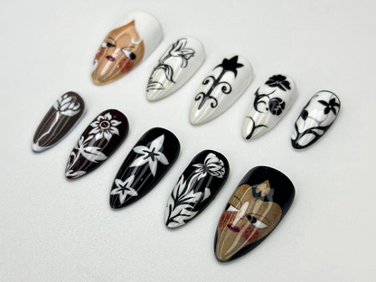 Monochrome Face Press On Nails | Black and White Nail Art | Bold Graphic Nail Set | Feminine Line Art Nails | Minimalist Face Nails |JB905HC