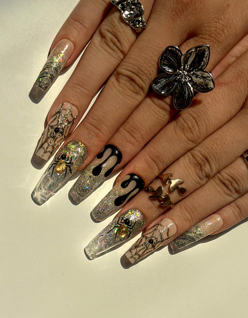Glitter Web Glam Press On Nails | Sparkling Halloween Spider Nails | 3D Gold Spider & Web Nail Art | Long Coffin Glitter Nails | HB1079EC