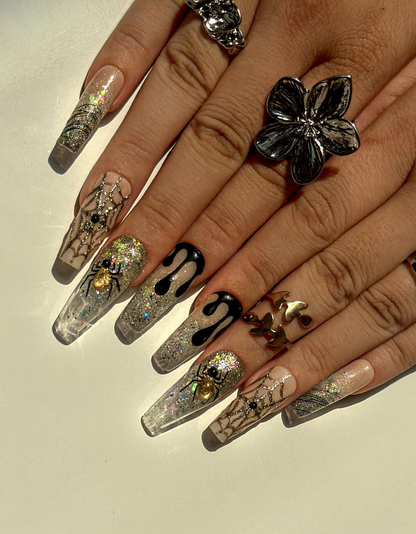 Glitter Web Glam Press On Nails | Sparkling Halloween Spider Nails | 3D Gold Spider & Web Nail Art | Long Coffin Glitter Nails | HB1079EC