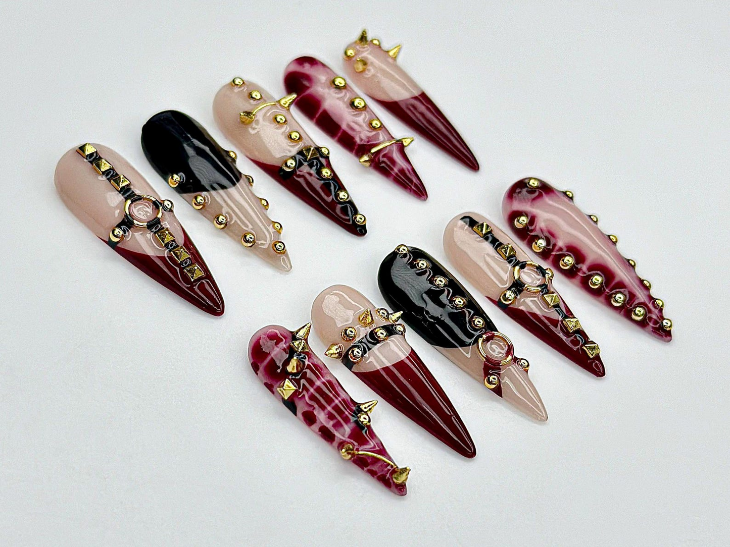 Handmade Gothic Press On Nails | Spiked, Studded Red & Black Nails | Punk Rock Statement Nail Art | JC968EP