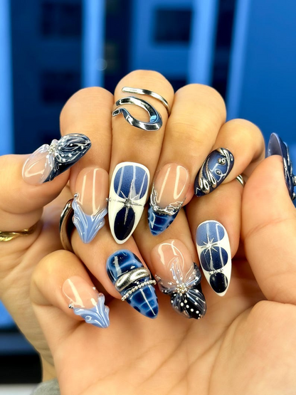 Winter Midnight Spark Press On Nails | Blue Chrome Nail Art | Silver Star 3D Nails | Elegant Winter Press Ons | JB214EC