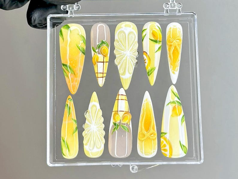 Summer Lemon Press On Nails | Hand Painted Citrus Nail Art | Fruit Design Press Ons | Glossy Fresh Fake nails | Aesthetic Nails | HB956YC
