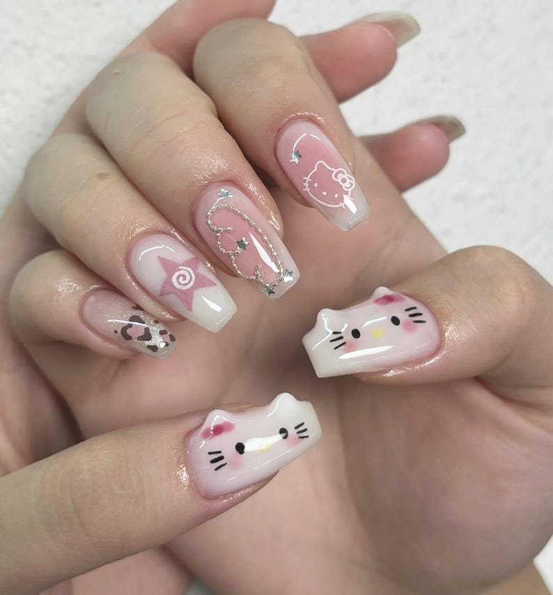 Kawaii Kitty Charm Press On Nails | 3D Hello Kitty Nail Art | Cute Pink Cartoon Nails | Star & Heart Accent Nails | JB193EK