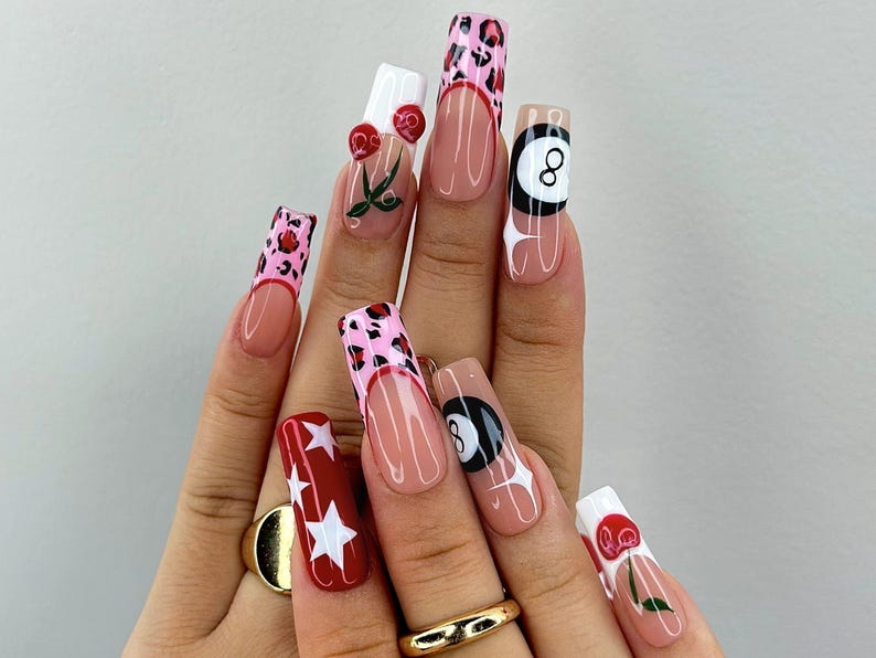 Retro Cherry Leopard Press On Nails | 8 Ball & Red Star Nail Art | Pink Leopard Print Nails | Handmade Pop Art Nail Set | JB115EC