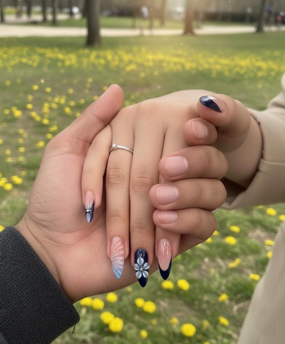 Midnight Blossom Spring Press On Nails | Navy Floral Ombré Nail Art | Luxury Floral Blue Nails Set | Elegant Blush Ombre Nails | HC1240EC