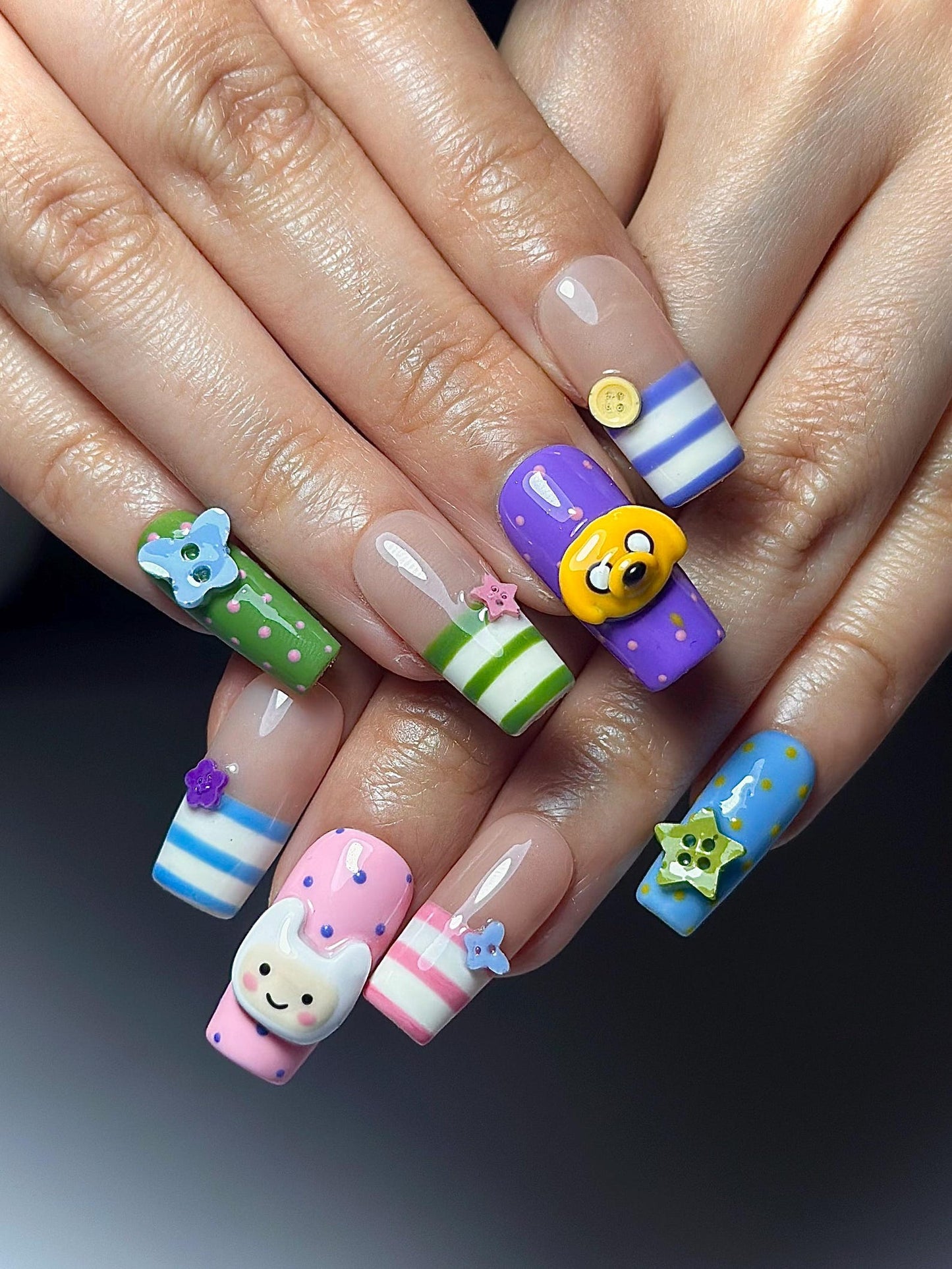 Adventure Time Press On Nails | Finn & Jake Cartoon Nails | Cute Kawaii Character Nail Art | Colorful 3D Nails | Fun Press Ons | JB331HC