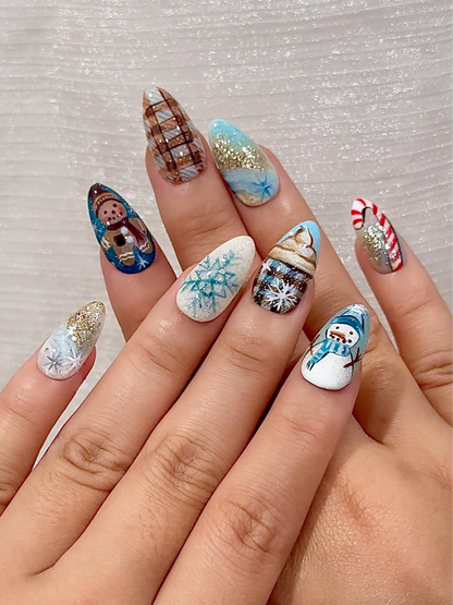 Blue Cottagecore Christmas Press On Nails | Holiday Gingerbread Winter Nail Art | Snowman & Candy Cane Art | JB240EG