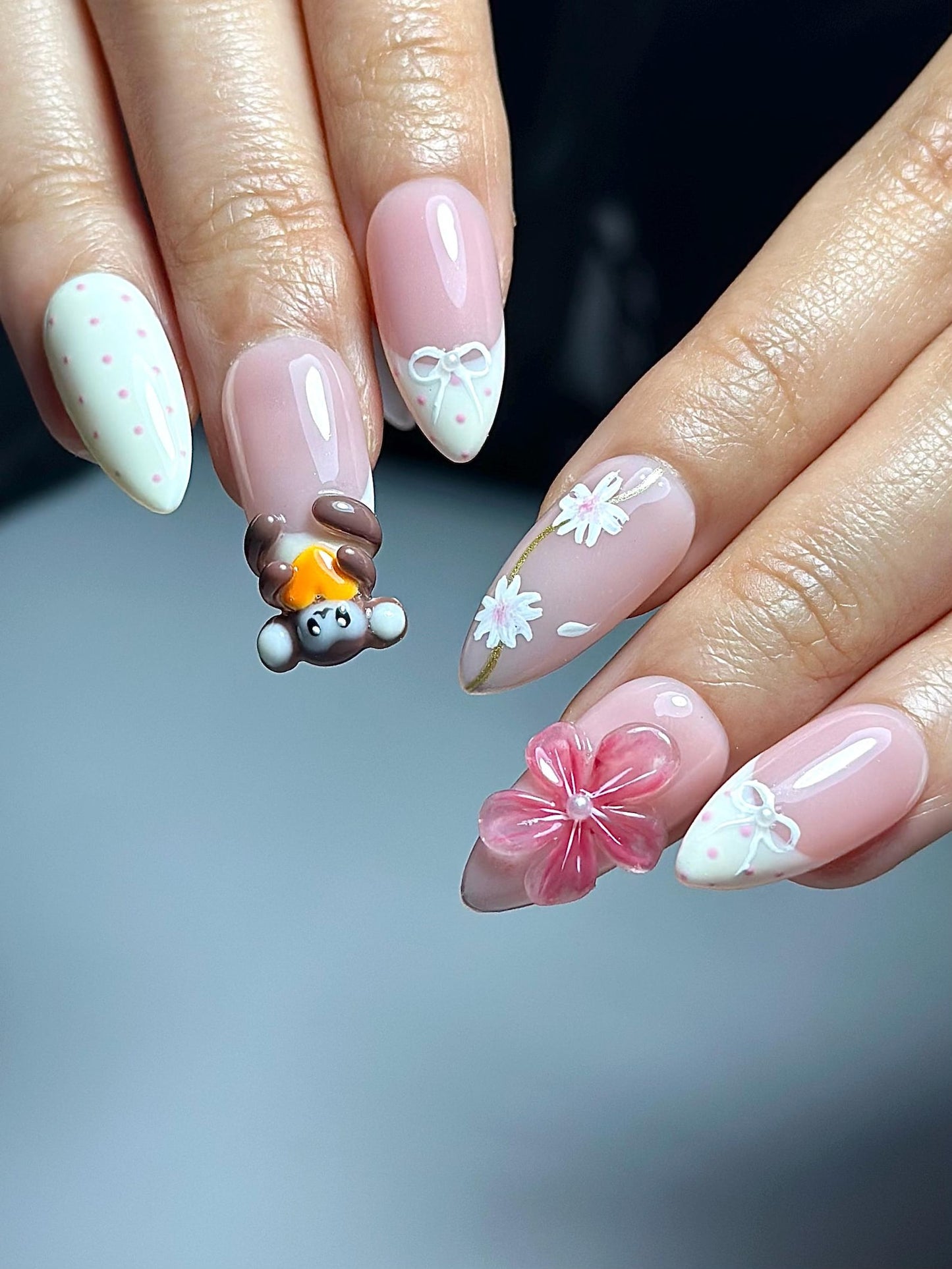 Soft Pink Mokey Press On Nails | Cute Bow & Daisy Nail Art | Kawaii Nails | Elegant Spring Nail Design| Handmade Romantic Press Ons| JC329HC