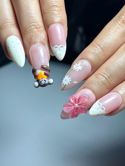 Soft Pink Mokey Press On Nails | Cute Bow & Daisy Nail Art | Kawaii Nails | Elegant Spring Nail Design| Handmade Romantic Press Ons| JC329HC