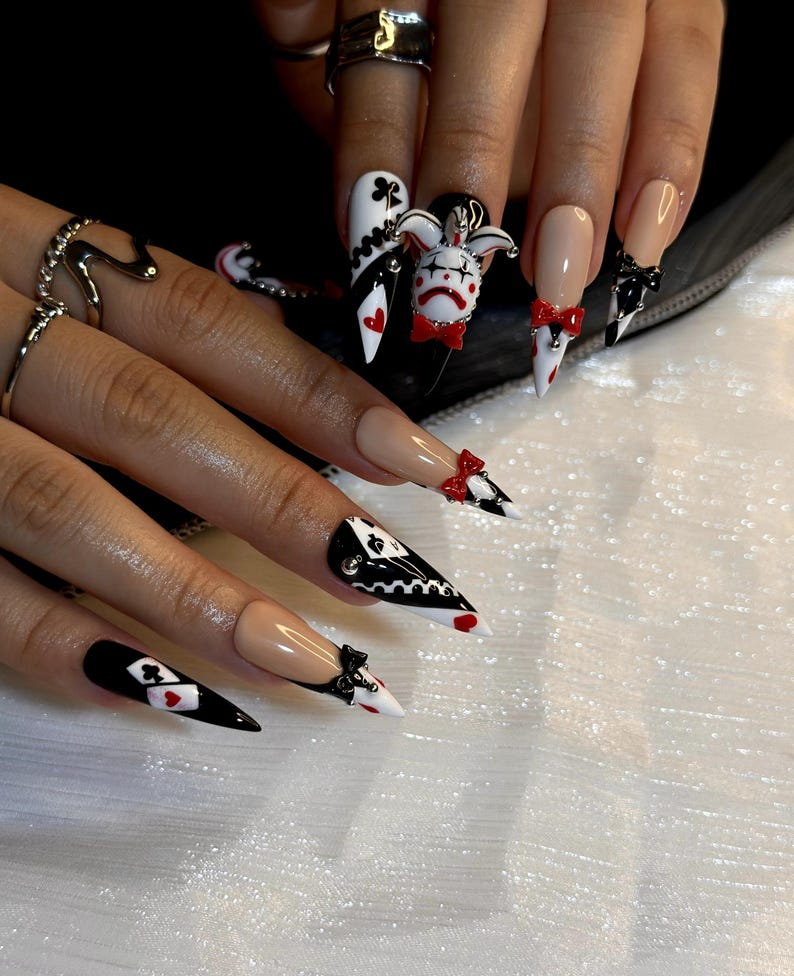 Harlequin Joker Halloween Press On Nails | Black White Red Gothic Nail Art | 3D Clown Accent Stiletto Nails | Playing Card Inspired |JB194EC