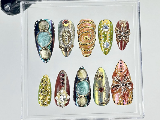Luxe Gold Chrome Press On Nails | Artistic Metallic Fake Nails | Textured Gold 3D Design Nail Art | Gold & Silver Glam Press Ons | HB872YK
