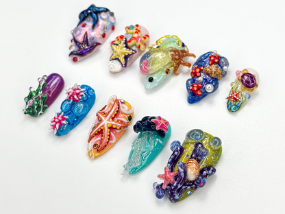 3D Starfish Coral Press On Nails | Deep Sea Ocean Press Ons | Mermaid Jellyfish Underwater Nail Art| Handcrafted Summer Beach Nail | JA922HC