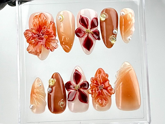 Elegant Fall Floral Press On Nails | Golden Orange Floral Nail Art | Autumn Bloom Fake Nails | Chic 3D Autumn Nail Polish | Stunning|HC677YC