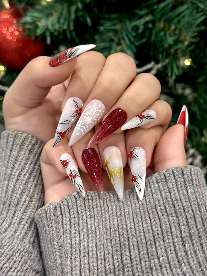 Red Plaid Reindeer Christmas Press On Nails | Holiday Plaid Winter Nail Art | Gold Reindeer Nails | Red Ombre Glitter Nail | JC252EC