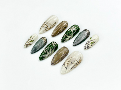 Jade Garden Serenity Press On Nails | Chinese Ink Painting Style | Lotus Bloom & Jade Charm Nails | Elegant Floral Nail Art | JC105EK