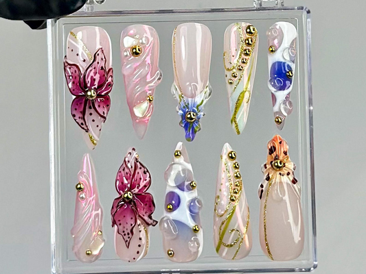 Luxury Orchid Press On Nails | Pearl, Gold Floral Press Ons | Handmade Luxury Fake Nails | 3D Floral, Gold Accents Nail Art | HB751YC