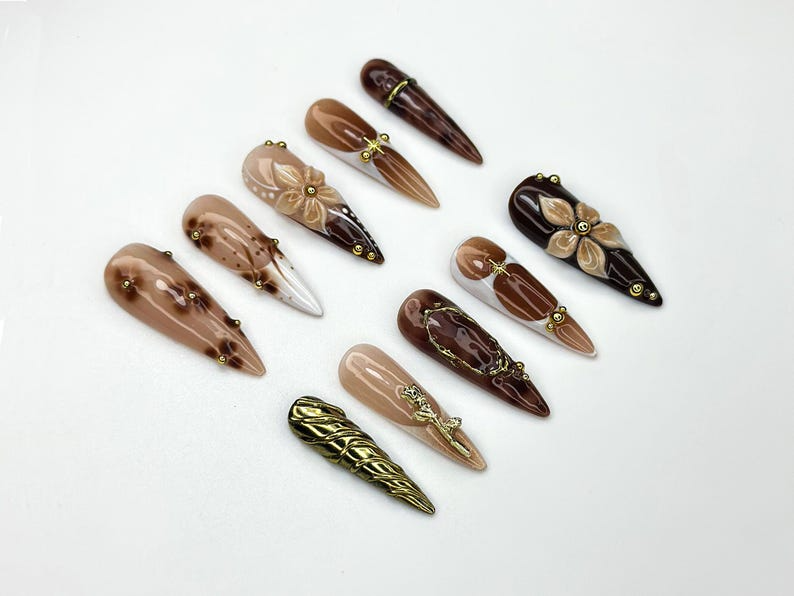 Autumn Brown Gold Press On Nails | 3D Floral Nail Art | Fall Inspired Nail Set | Handmade Neutral Nails | Elegant Long Press Ons | JC1121BK