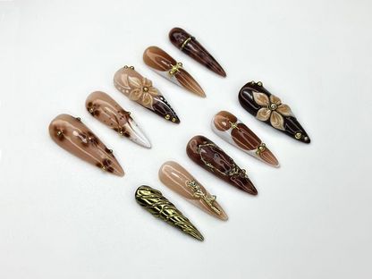 Autumn Brown Gold Press On Nails | 3D Floral Nail Art | Fall Inspired Nail Set | Handmade Neutral Nails | Elegant Long Press Ons | JC1121BK