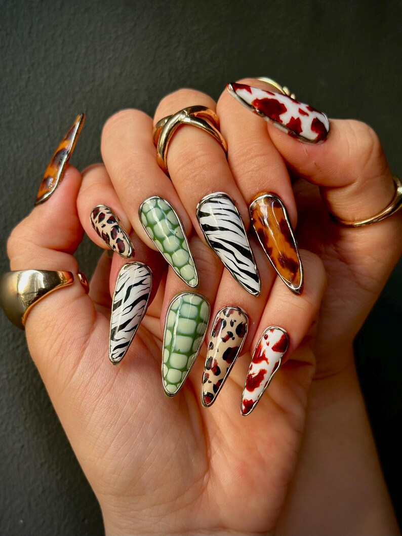 Luxe Leopard Press On Nails | Zebra, Leopard & Croc Nail Art | Handmade Safari-Inspired Press Ons | Mixed Animal Print Nails | HB1085HC