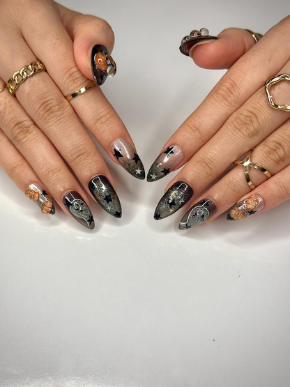 Pumpkin Gothic Press On Nails | Halloween Black & Orange Nails | Handmade Spooky Nail Design | Unique Gothic Pumpkin Nails | JB151HC