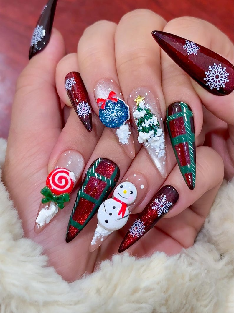 Winter Wonderland  Press On Nails For Christmas | Festive Holiday Nail Art | Red Glitter Snowflake Nails | Green Plaid Gift Wrap Design | JB232EC