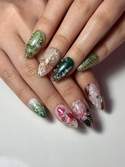 Asian Inspired Luxury Press On Nails | Jade Green Gold Floral Nails | Handpainted Pagoda Nail Art | Elegant Statement Press Ons | JB309HC