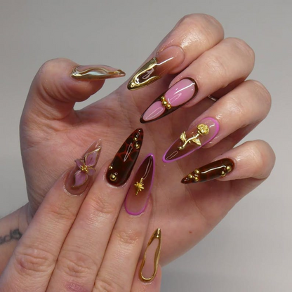 Golden Rose Luxe Press On Nails | Pink & Brown Glam Nail Art | 3D Bow And Rose Accents | Handmade Luxury Stiletto Nails | JB185EK