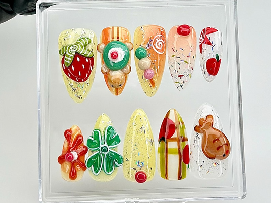 Cute Food Theme Press On Nails by HudiNails | 3D Fruit, Candy Press Ons | Food Theme Fake Nails | Unique Food Nails |Festival Nails |HB855YC