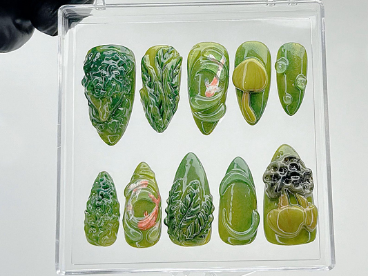 Enchanted Forest Press On Nails | Moss Green Leaf Fake Nails | Botanical Nature Nail Art | Fantasy Forest Press Ons | Forest Nails | HB882YC