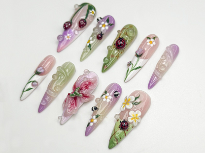 Pastel 3D Ladybug Press On Nails | 3D Floral Garden Nail Art | Cute Spring Nature Nails | Whimsical Bug Nail | Garden Bloom Design | JB800HC