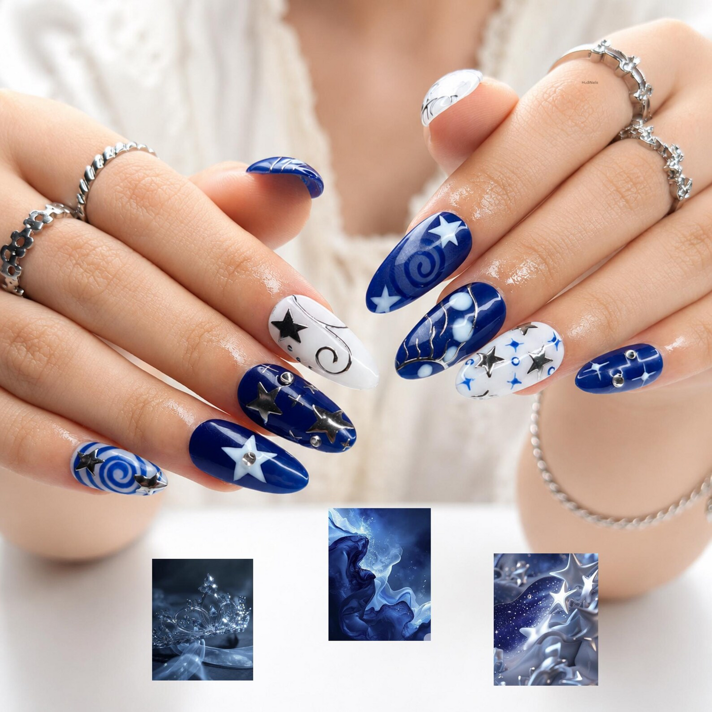 Navy Blue Press On Nails • Star Charm Almond Nails • Silver Foil Celestial Handmade Glue Set • Gift for Her • OC1376ZG