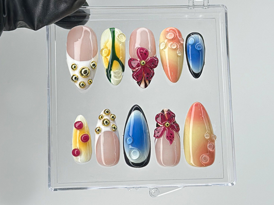 Chic Summer Press-On Nails | Bright Gradient & Floral On Fake Nails | Luxury Gold Studs Nail Charms | 3D Floral Nail Art | HB461TL