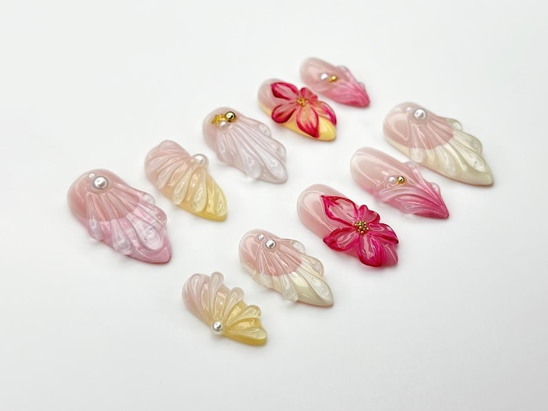 Jelly Flower Press On Nails | 3D Floral Nails with Pearls and Petal Wings | Romantic Pink Gel Nail Set | Summer Nails | Holiday Nail|JB940DC
