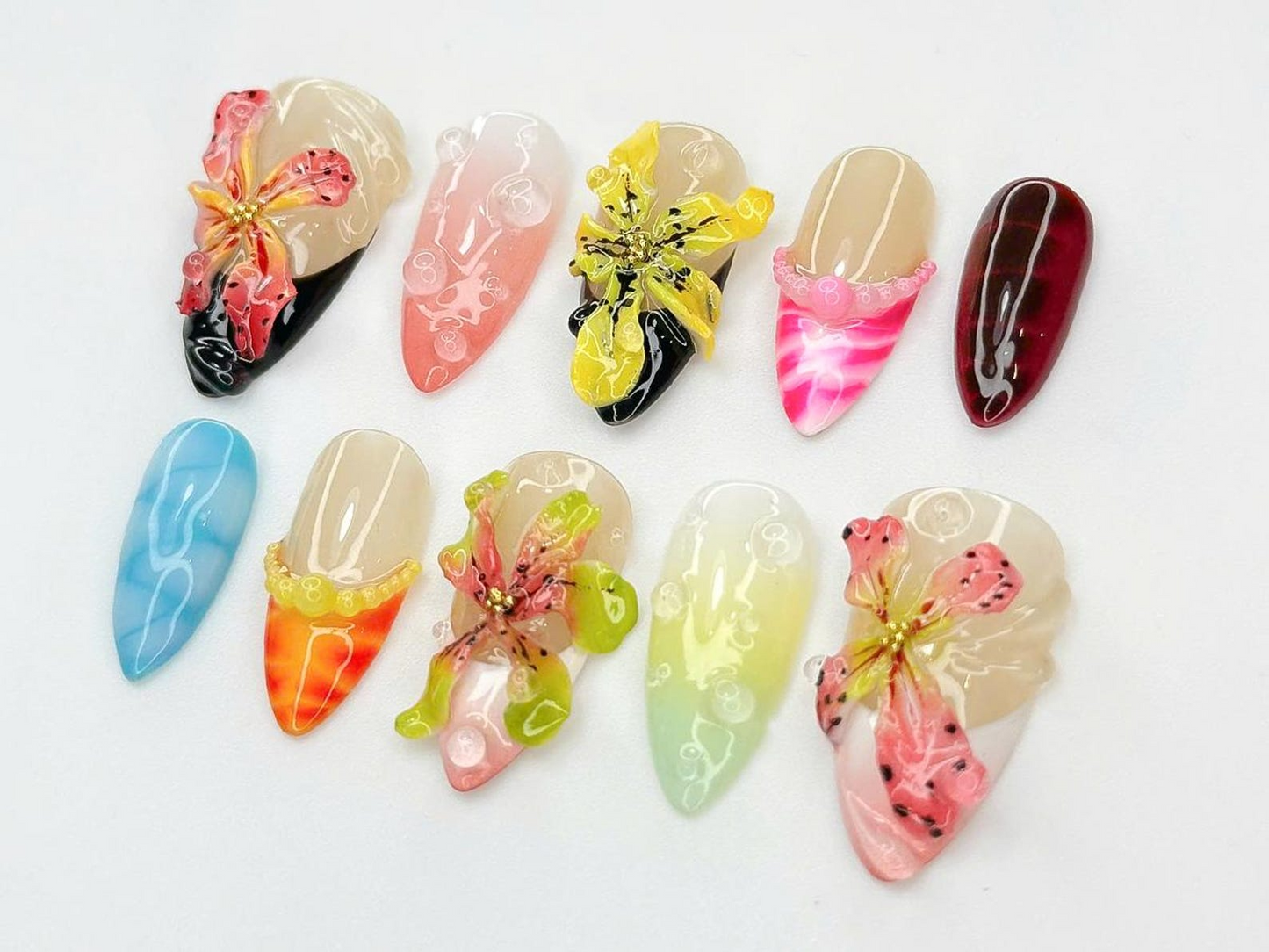 3D Floral Press On Nails | Handmade Flower Nail Set | Tropical Press On Nail Set| Vibrant Summer Nail Art for Women| JB912DC