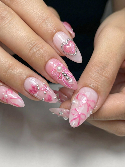 Press On Nails with Pink Ribbon & Heart Charm Design, Handmade Long Glossy Fake Nails for Romantic Coquette Look or Aesthetic Statement Nails