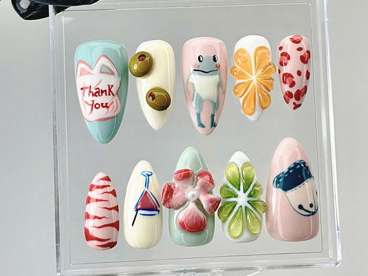 Funky Cartoon Press On Nails | 3D Frog, Flower, Smile Fake Nails | Handmade Kawaii Nail Art | Colorful Kawaii Press Ons | HB876YC