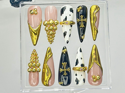 Black & Gold Luxury Press On Nails | Bold Cow Print Fake Nails | Golden Gothic Nail Art | Glam Cow Print, Cross Design Press Ons | HB919YK