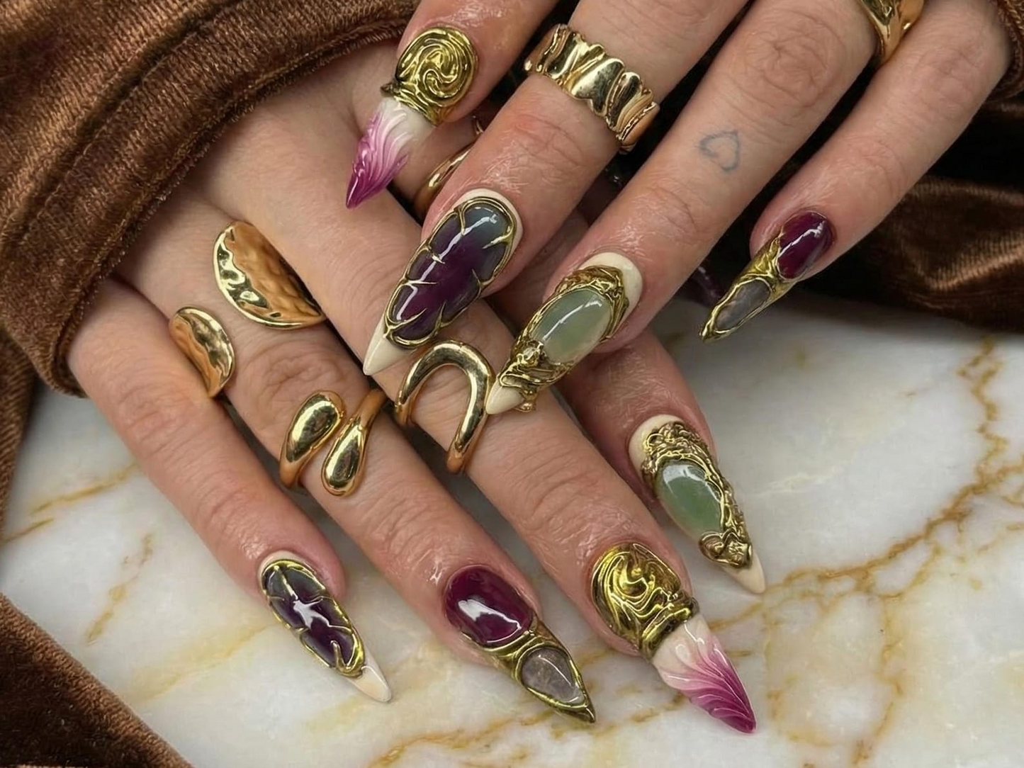 Gothic Garnet Gold Press On Nails | Frech Tips Gold Couture Nail Art | Burgundy Jade Statement Nails | Handmade Luxury Stiletto Set JB270EC