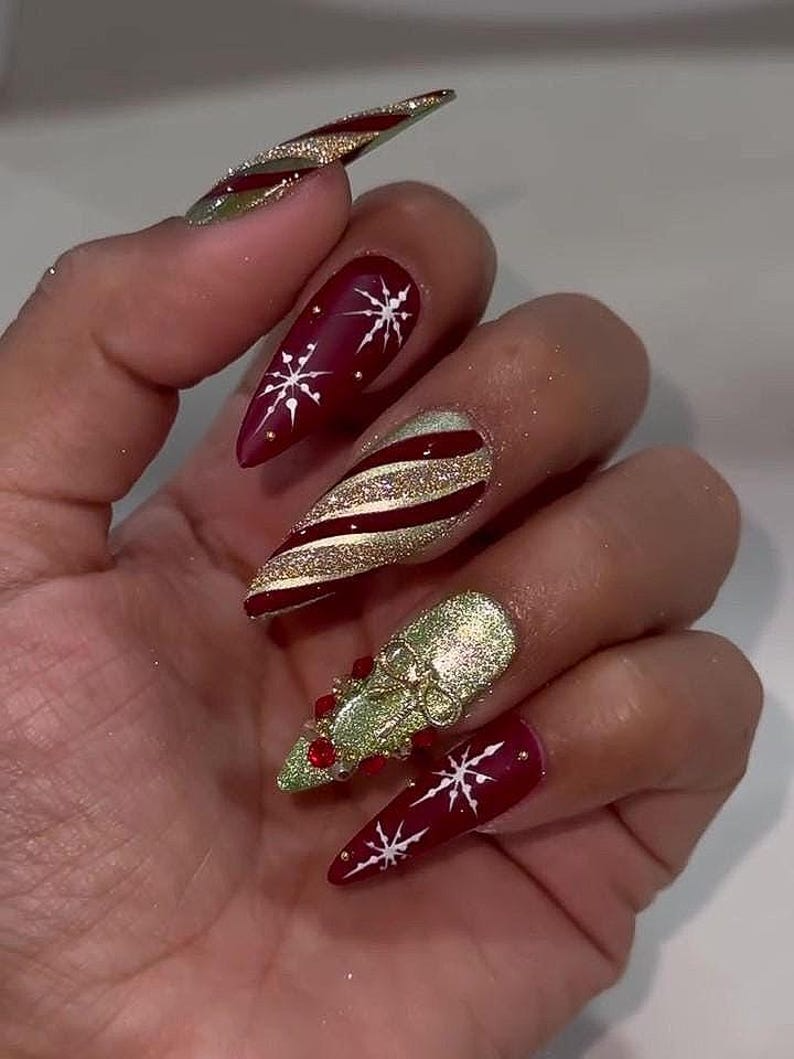 Festive Christmas Press On Nails | Red Gold Snowflake Nails | Festive Holiday Nail Art | Elegant Candy Cane Nail Set | JC247HC