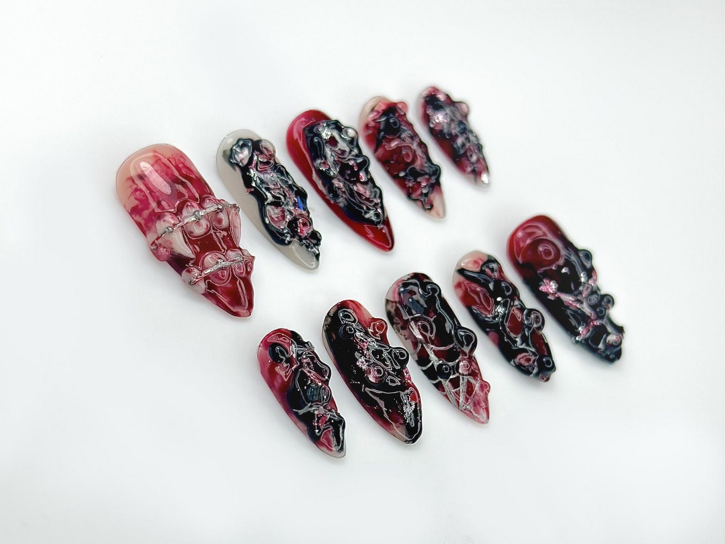 Gothic Blood Veil Press On Nails | 3D Dark Red & Black Texture Nail Art |Horror-Inspired Abstract Nails | Handmade Grunge Press Ons |JB988EC