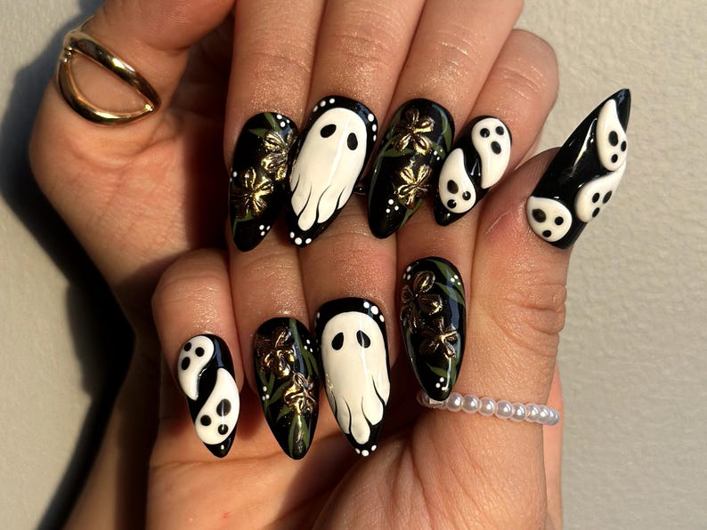 Midnight Ghost Garden Press On Nails | 3D White Ghost Nail Art | Black & Gold Floral Halloween Set | Handmade Spooky Long Nails | HB1081EK