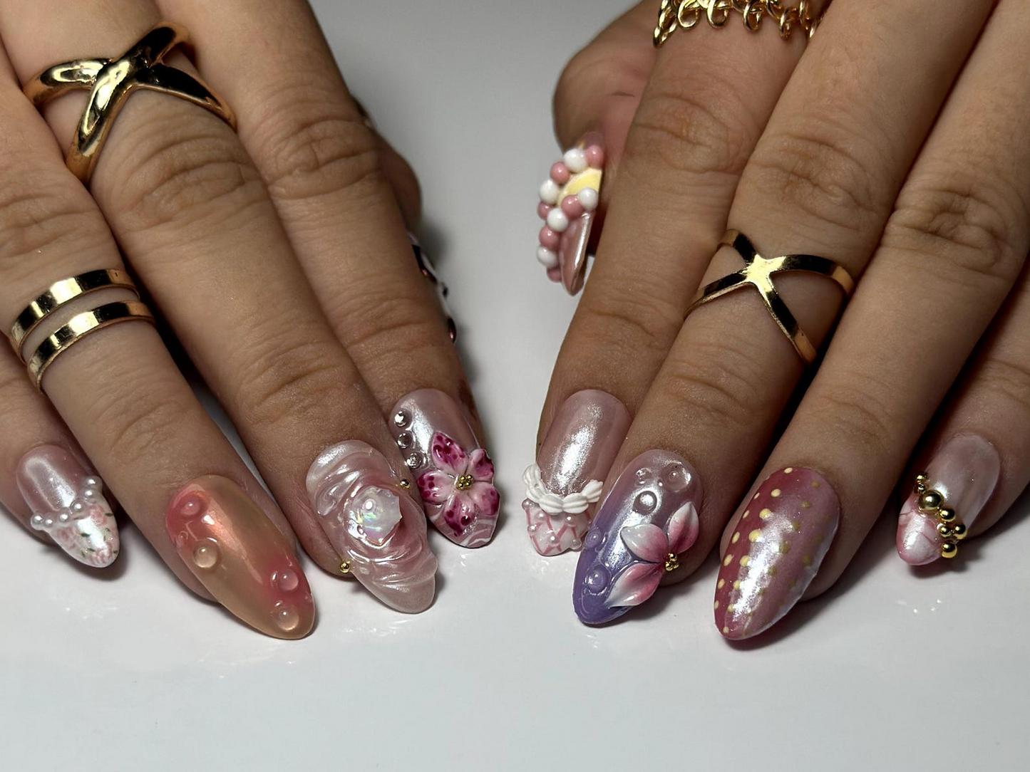 Blush Garden Bloom Press On Nails | Pink Floral Fantasy Nail Art | 3D Sakura & Pearl Accents | Romantic Fairycore Press Ons| HB1060EK