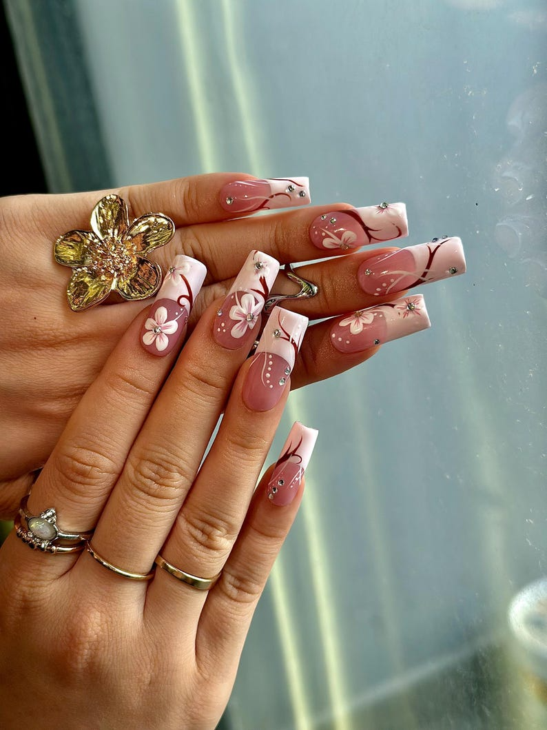 Floral Pink Gradient Press On Nails | Elegant Pink Floral Nail Art | Rhinestone & Petal Design | Romantic Spring Nails | JB206EC