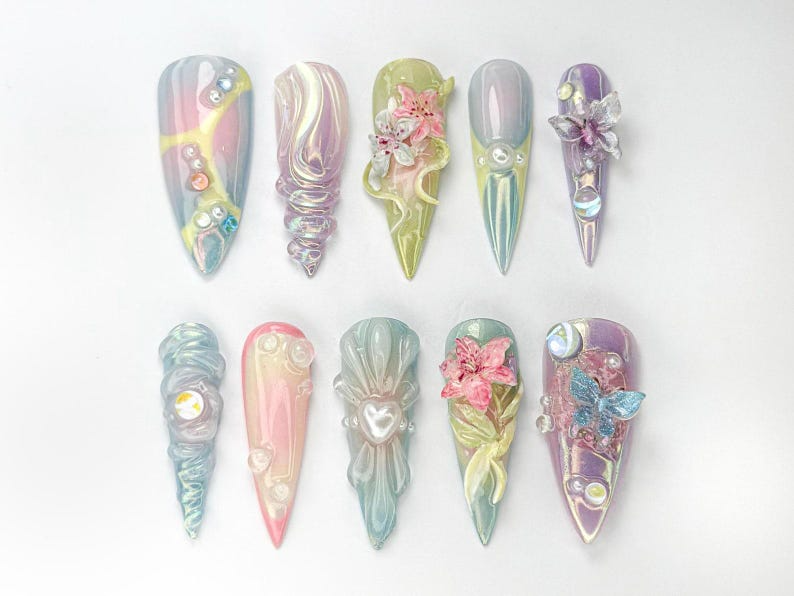Combo Colorful Floral Press On Nails | Pastel Garden Nail Art | Flower & Butterfly Designs | Bestseller Nails | Floral Collection | JB998H