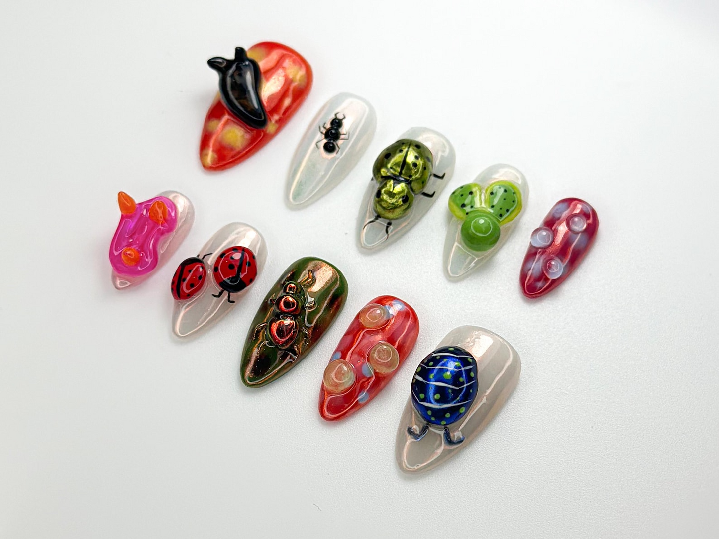 Creepy Cute Insect Press On Nails | 3D Bug Nail Art | Halloween Spider Ladybug Beetle Nails | Funky Mixed Bug Design| Bold Nail Set |OB970HK